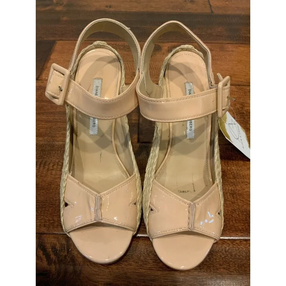 Diane Von Furstenberg Nude Patent Leather Espadrille Wedge Heels, Size 9 (US)